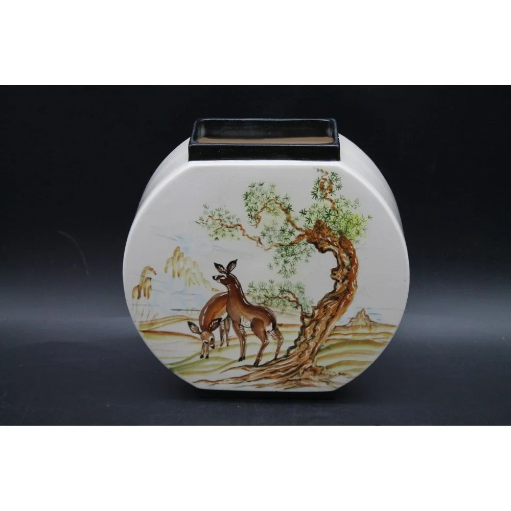 Vintage Olympia WA Studio Pottery Vase Hand Painted Deer Landscape Signed 6